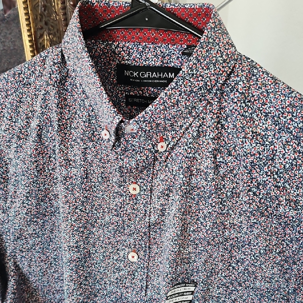 Nick Graham Men's Floral Print Shirt - Blue and Red - 15.5 Neck 32-33 Arm NWT
